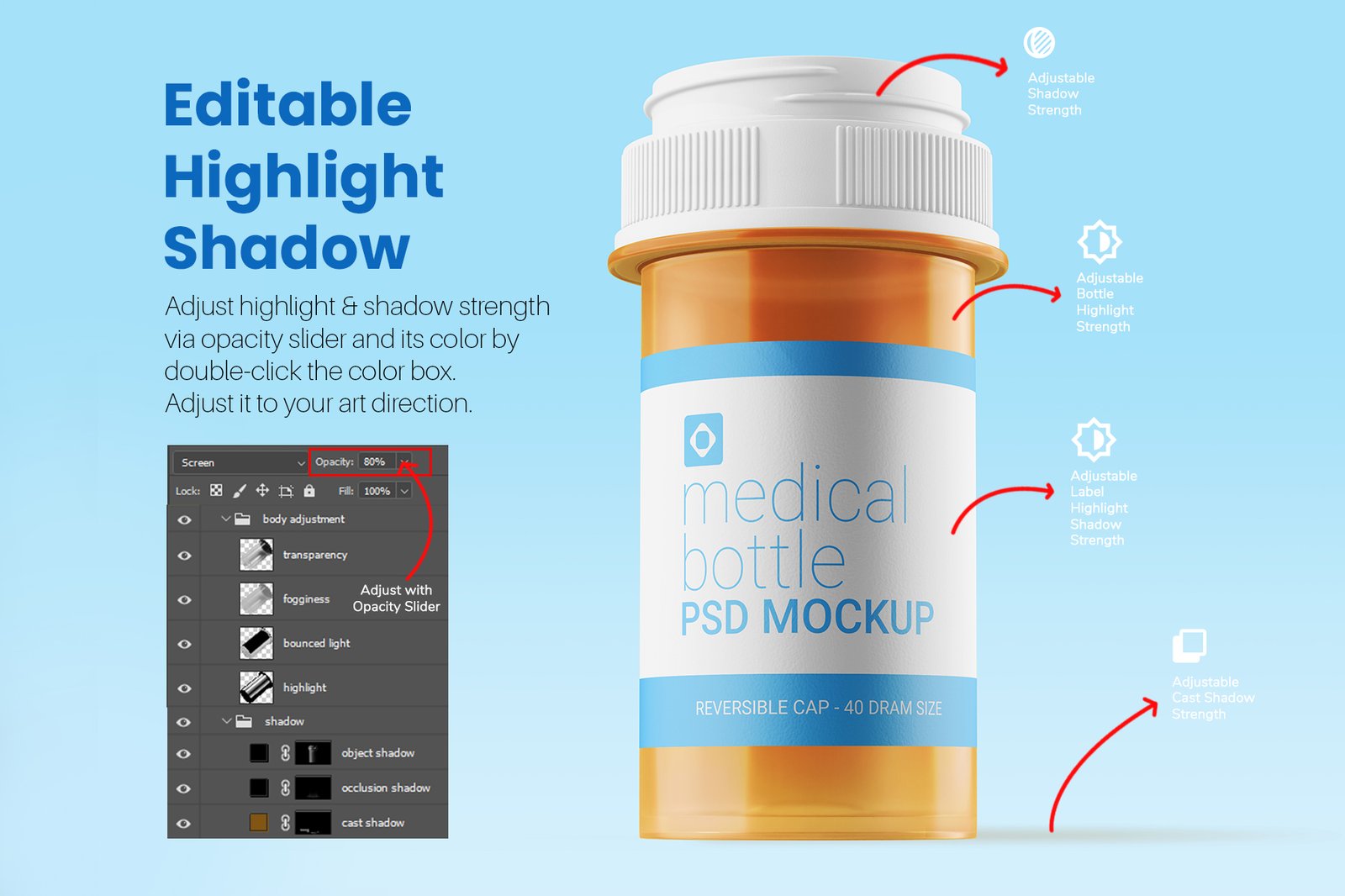 Medicine Transparent Plastic Bottle with Cap Editable PSD Mockup Set