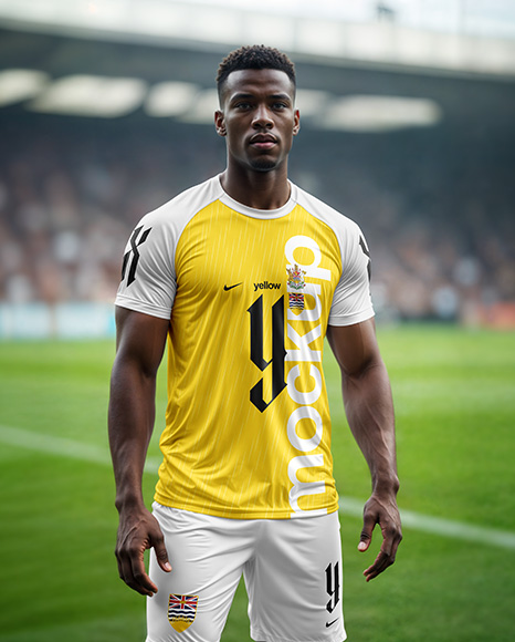 Soccer Player Wearing a Crew Neck Jersey and Shorts at the Stadium Mockup - Mockup kit soccer