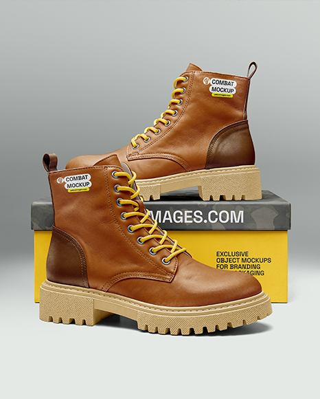 Pair of Women's Combat Boots with Shoe Box Mockup