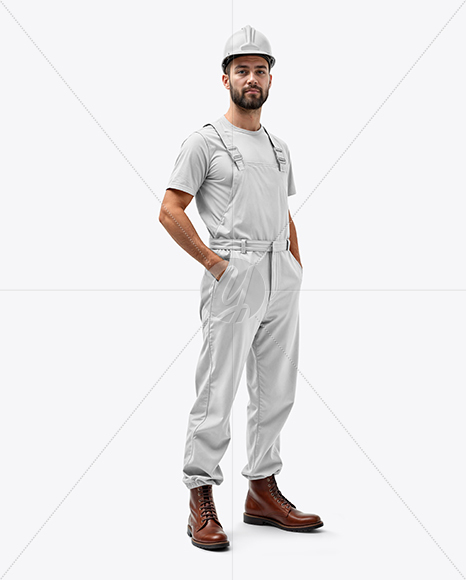 Builder Wearing Bib Overalls and T-Shirt Mockup