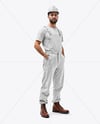 Builder Wearing Bib Overalls and T-Shirt Mockup