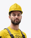 Builder Wearing Bib Overalls and T-Shirt Mockup
