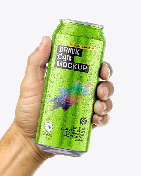 500ml Aluminium Can with Drops in the Hand Mockup
