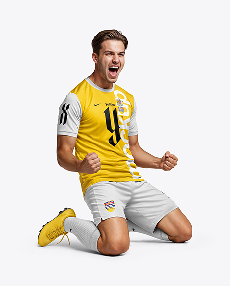 Man Wearing Full Soccer Kit Mockup - Meepy+Gal+Shirt