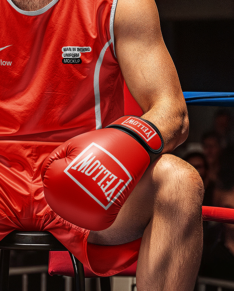 Man in Full Boxing Kit Sitting In Corner of Ring Mockup