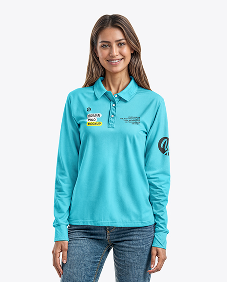 Woman Wearing Long Sleeve Polo Shirt and Jeans Mockup - Golf shirt mockup
