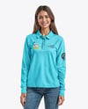 Woman Wearing Long Sleeve Polo Shirt and Jeans Mockup