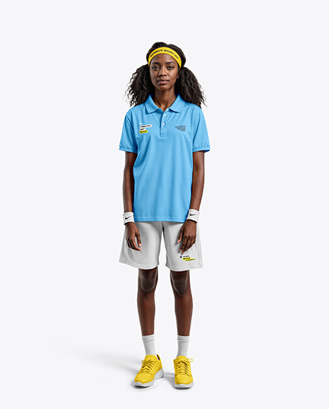 Young Black Woman Wearing Tennis Polo Shirt and Shorts Mockup - Vector+Mockup+Black+Womens+Tshirt+Frontback+Stock+...