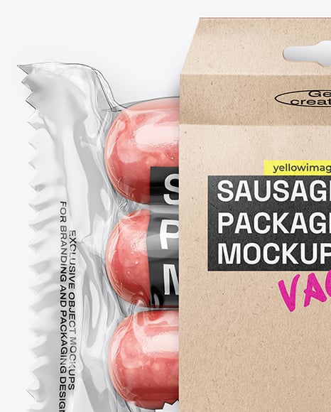 Clear Plastic Flow-Pack with Sausages in Kraft Paper Holder Mockup