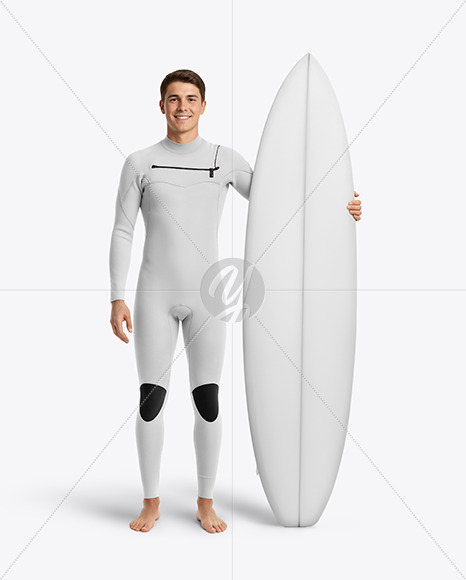 Surfer Wearing Wetsuit with Shortboard Mockup