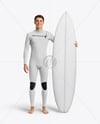 Surfer Wearing Wetsuit with Shortboard Mockup