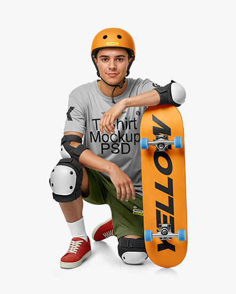 Skater in Protective Gear with Skateboard Mockup - Crew neck mockup