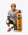 Skater in Protective Gear with Skateboard Mockup