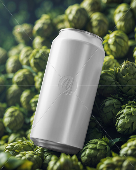 Beer Can on Fresh Hops Background Mockup