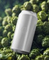 Beer Can on Fresh Hops Background Mockup