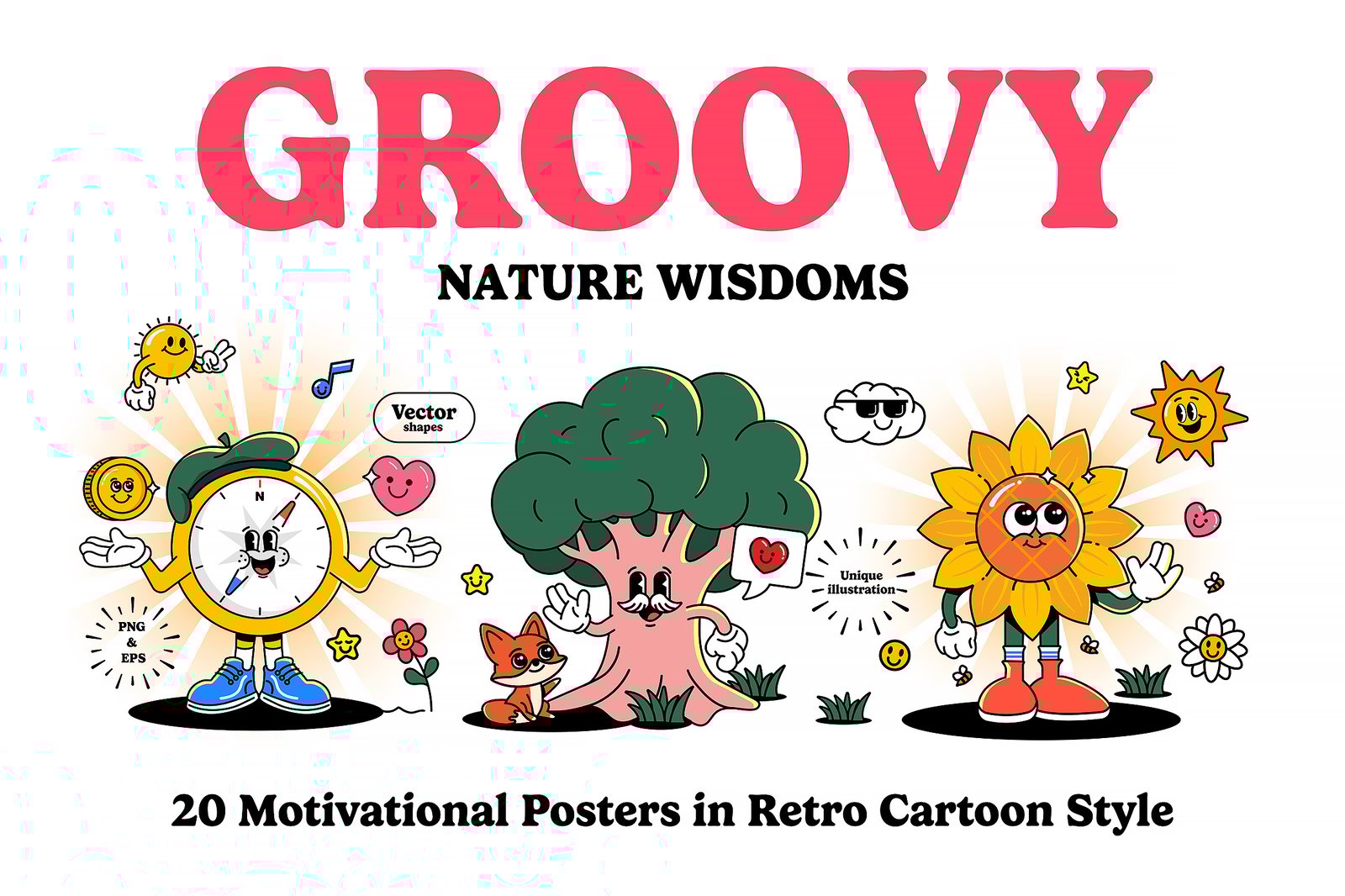Groovy Nature Wisdoms – 20 Motivational Posters in Retro Cartoon Style (Vector Pack)