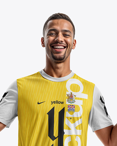 Smiling Man Wearing a Full Soccer Kit Mockup