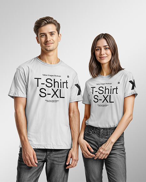 A Young Man and a Young Woman Wearing T-shirts and Jeans Mockup