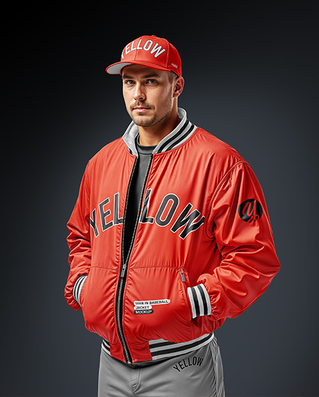 Baseball Player Wearing a Bomber Jacket and Cap Mockup