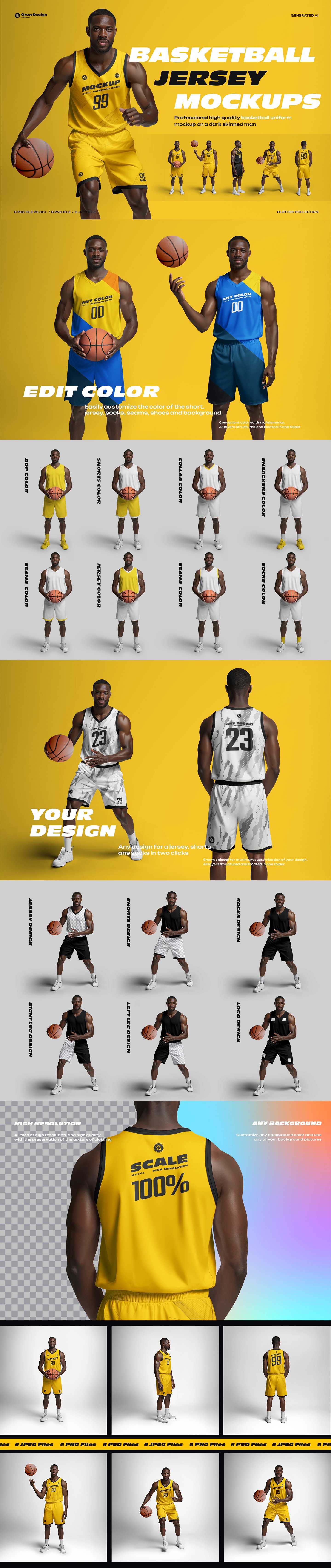 6 Basketball Jersey Mockups on a Dark-Skinned Model. Generated AI
