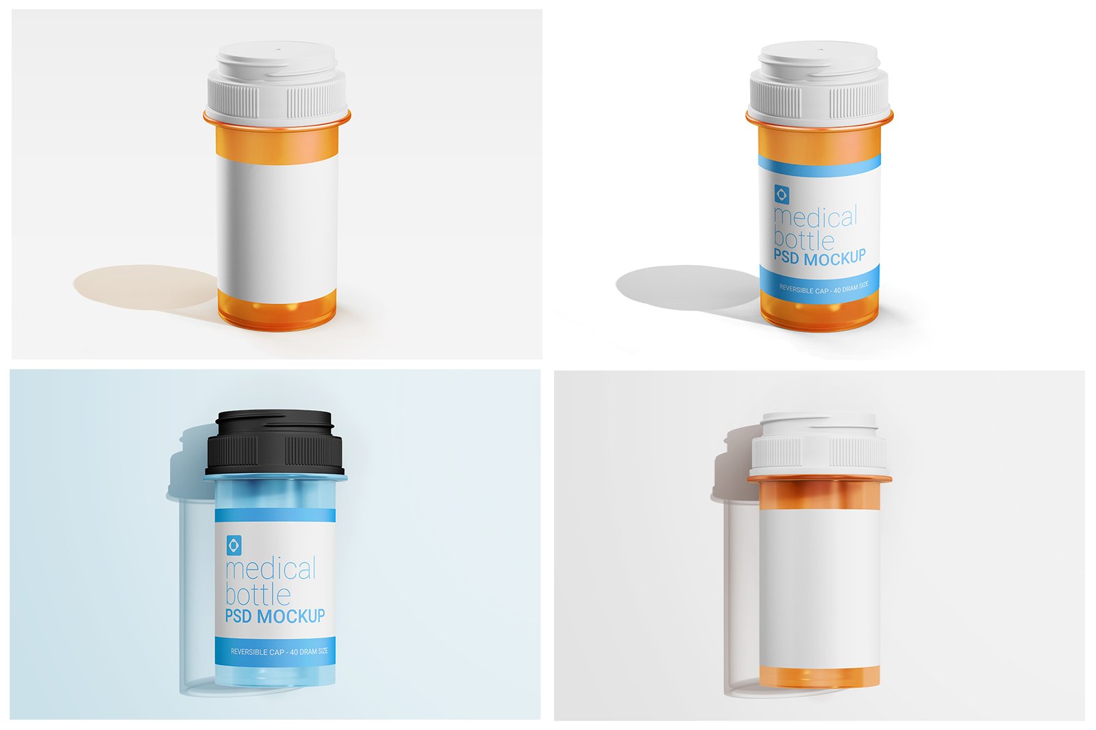 Medicine Transparent Plastic Bottle with Cap Editable PSD Mockup Set