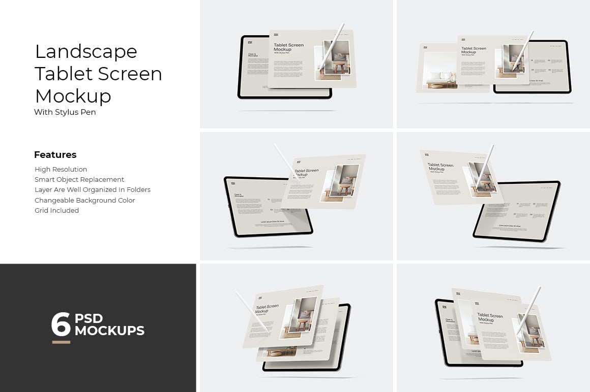 Landscape Tablet Screen Mockup With Stylus Pen