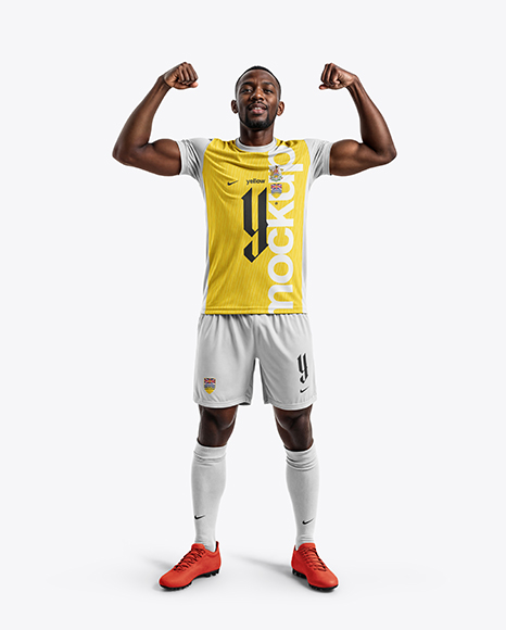 Black Man Wearing Full Soccer Kit Mockup - COMPRESSION+SOCK+(SHORT)+FLUOR-BLACK+|+JOMA