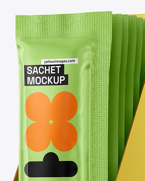 Glossy Sachets in Display Box Mockup