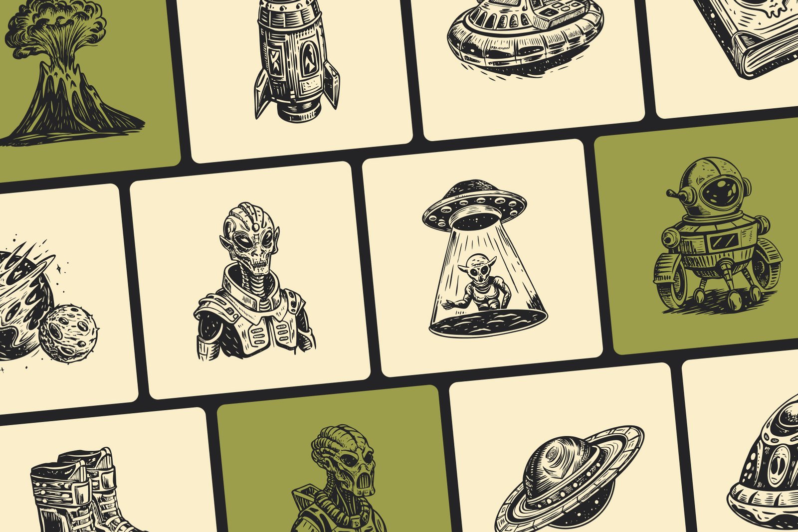Vintage Alien Illustration Set