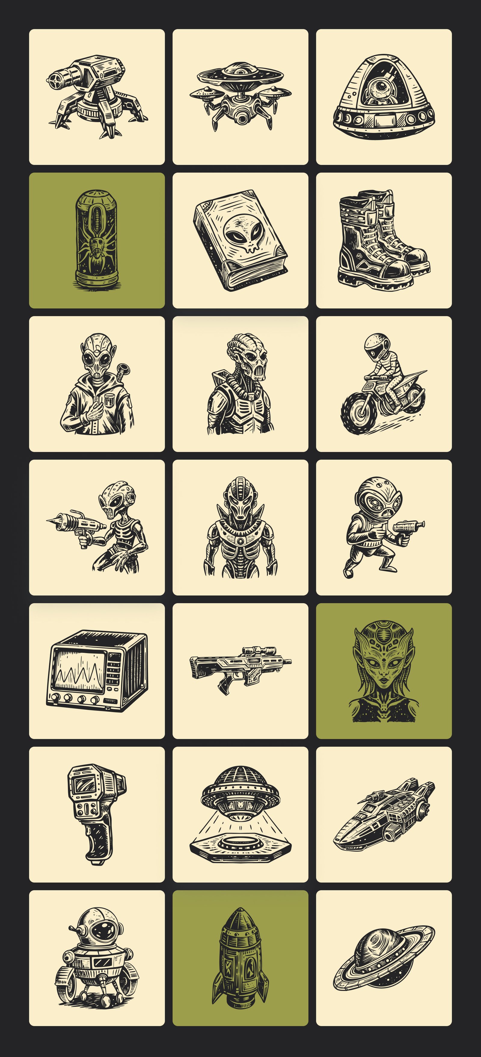 Vintage Alien Illustration Set