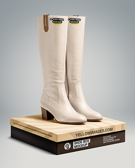 Pair of Women's High-Knee Boots on Shoe Box Mockup