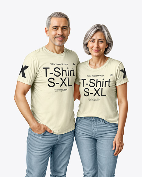 Senior Couple Wearing T-shirt and Jeans Mockup - Stacked jeans mockup