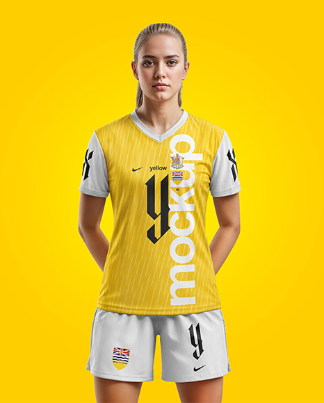 Woman Wearing Soccer V-Neck Jersey and Shorts Mockup