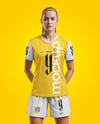 Woman Wearing Soccer V-Neck Jersey and Shorts Mockup