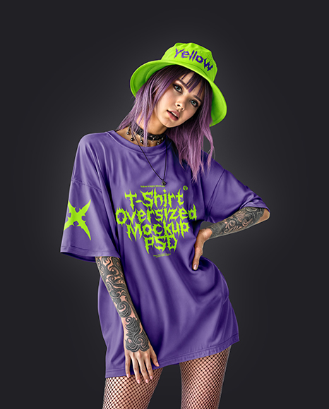Young Alt Girl Wearing Oversized T-Shirt & Bucket Hat Mockup