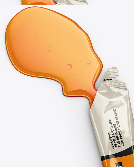 Opened Glossy Stick Sachet with Liquid Mockup