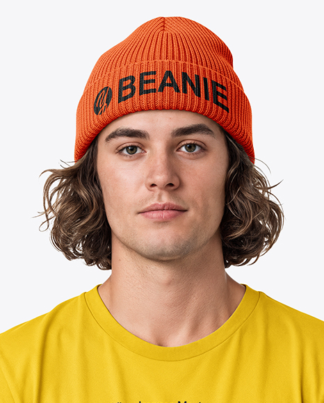 Man Wearing T-Shirt and Beanie Holding Skateboard Mockup