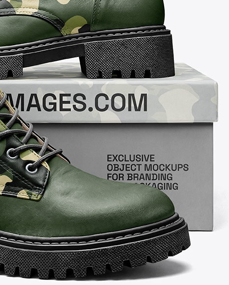 Pair of Women's Combat Boots with Shoe Box Mockup