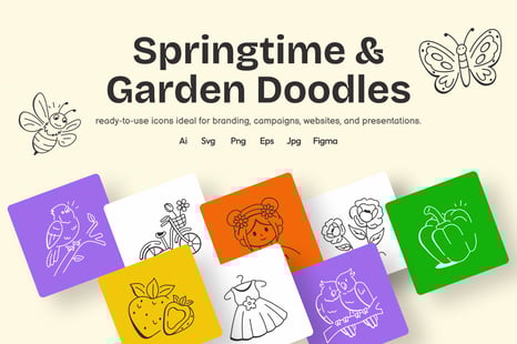 Springtime and Garden Doodles Set - Whimsical icons