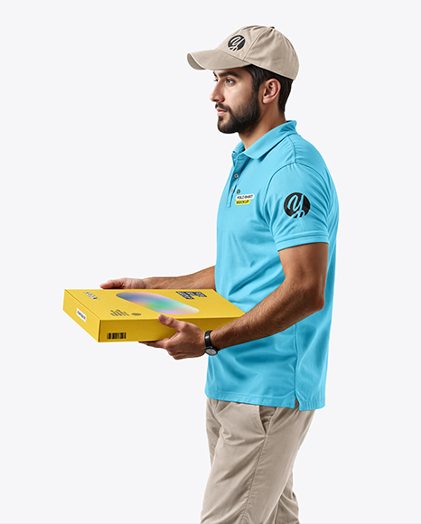 Delivery Man with Pizza Box Wearing Polo Shirt Mockup - Mens+Polo+Mockup+FrontView+Download+Mens+Polo+Mockup+...