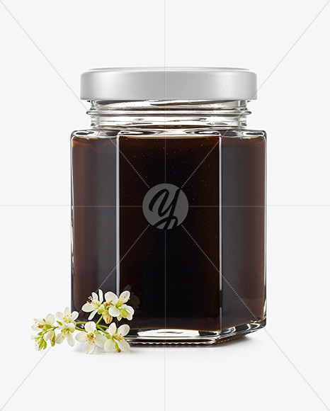 Hexagonal Glass Jar with Buckwheat Honey Mockup