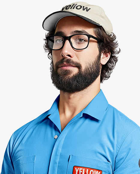 Powerlifter Wearing Janitor Uniform and Cap with Barbell Mockup