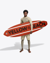 Man Wearing Rashguard Jersey and Shorts with Surfboard Mockup