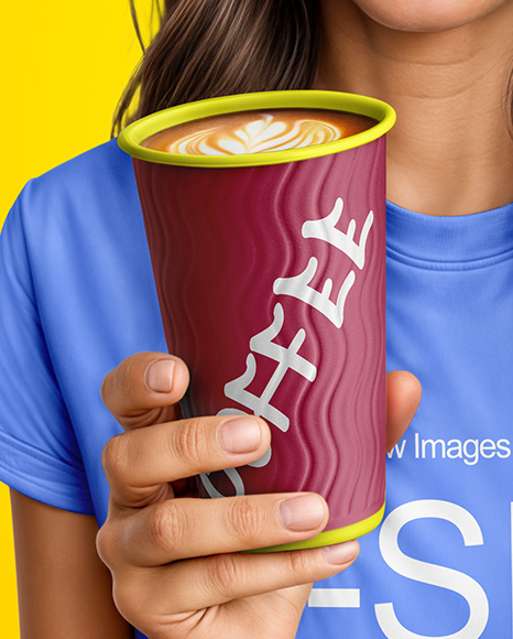 Woman Wearing a T-shirt Holding 16oz Paper Cup Mockup