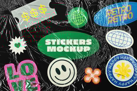 Wrinkled Plastic Stickers Mockup - Stationery Mockups
