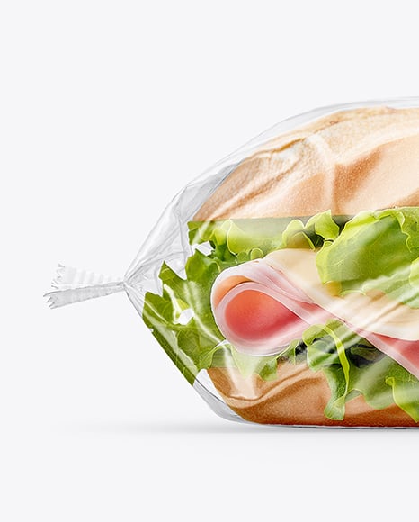 Clear Plastic Flow-Pack with Sandwich in Kraft Paper Sleeve Mockup