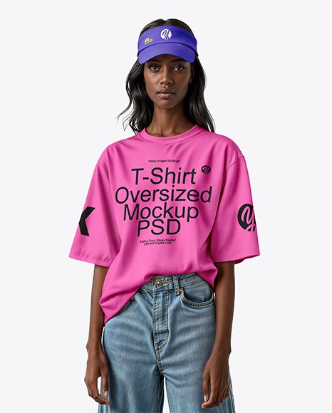 Black Woman Wearing Oversized T-Shirt and Sun Visor Mockup - T-shirt mockup