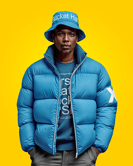 Black Man Wearing Puffer Jacket and Bucket Hat Mockup