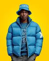 Black Man Wearing Puffer Jacket and Bucket Hat Mockup