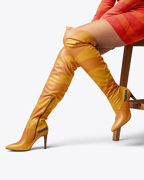 Pair of Over-The-Knee Boots on Women's Legs on Stool Mockup